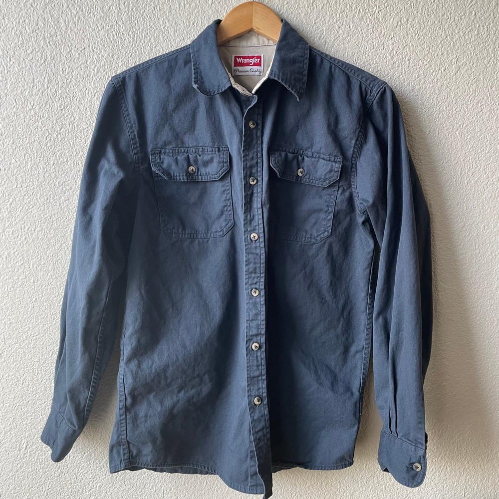 Wrangler Mens Navy Blue Cotton Twill Long Sleeve Button Down Work Shirt Small